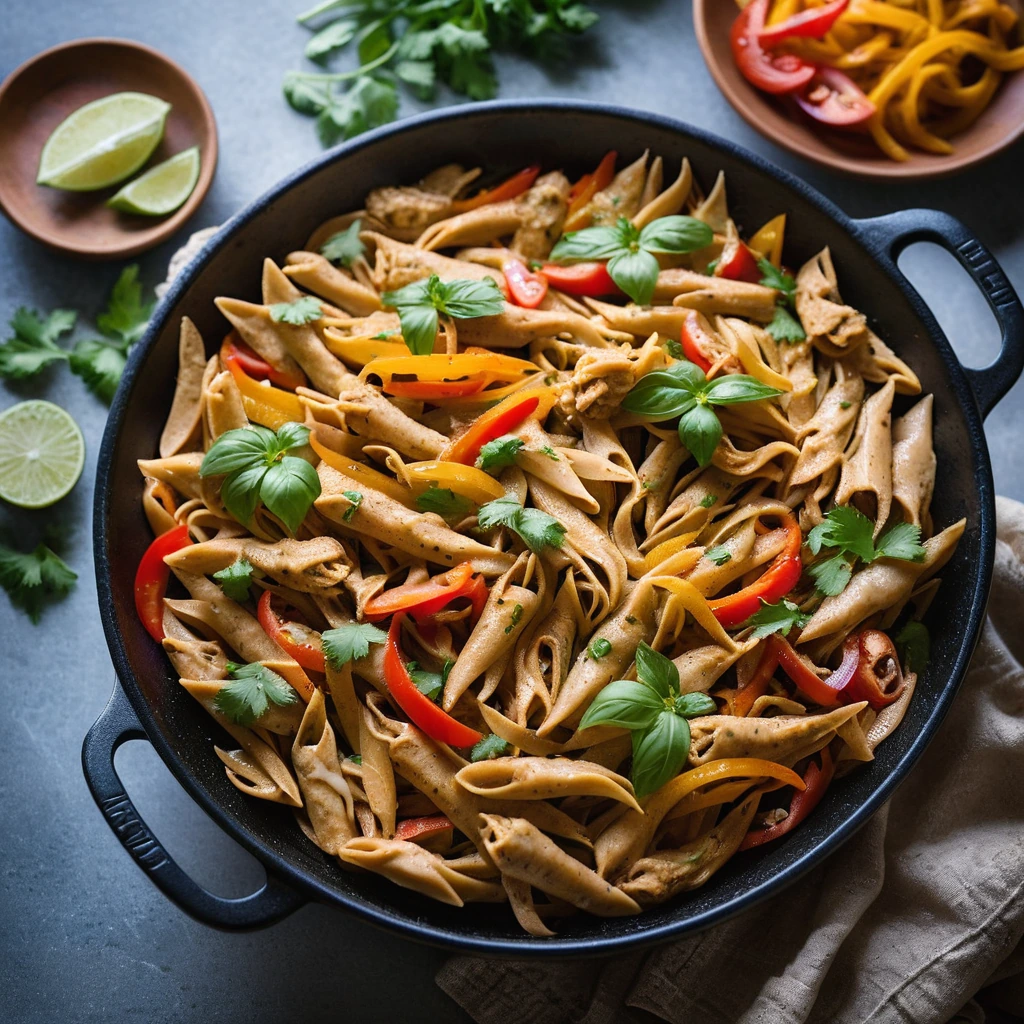 Golden pasta twirled with tender chicken and colorful bell peppers in a vibrant skillet.