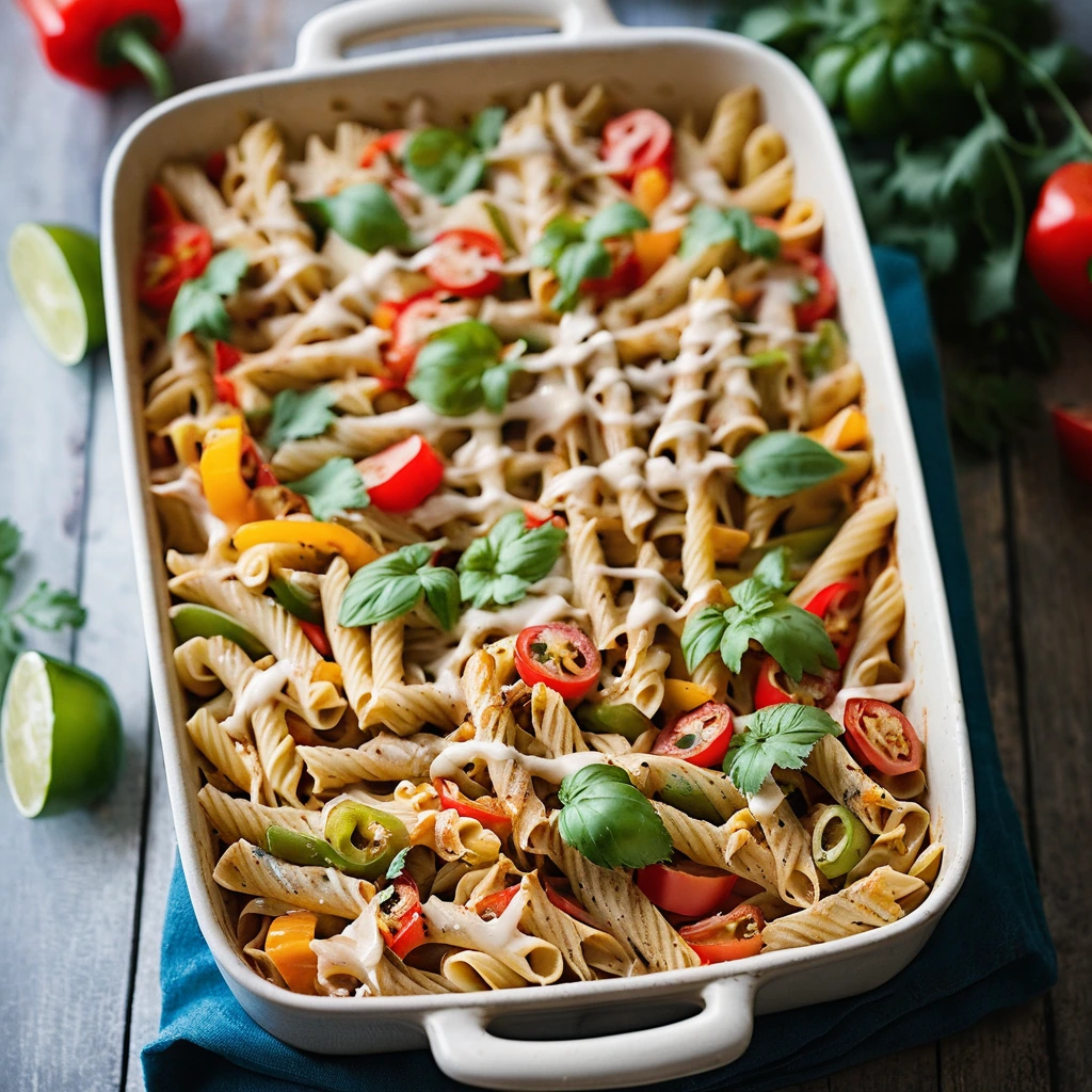 Baked pasta dish topped with melted cheese and colorful bell peppers served in a casserole dish.
