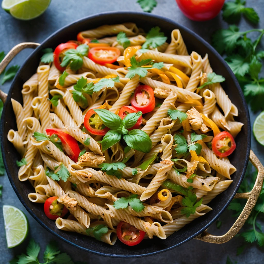 Golden pasta with chicken and peppers in a vibrant skillet, garnished with fresh cilantro.