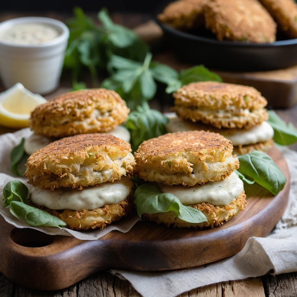 Platter of golden-brown chicken patties with melted cheese centers, served on a rustic wooden board.