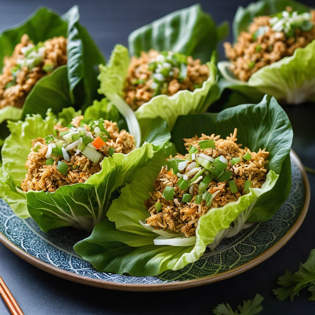 Golden fried rice with diced chicken nestled in green lettuce cups, garnished with green onions.