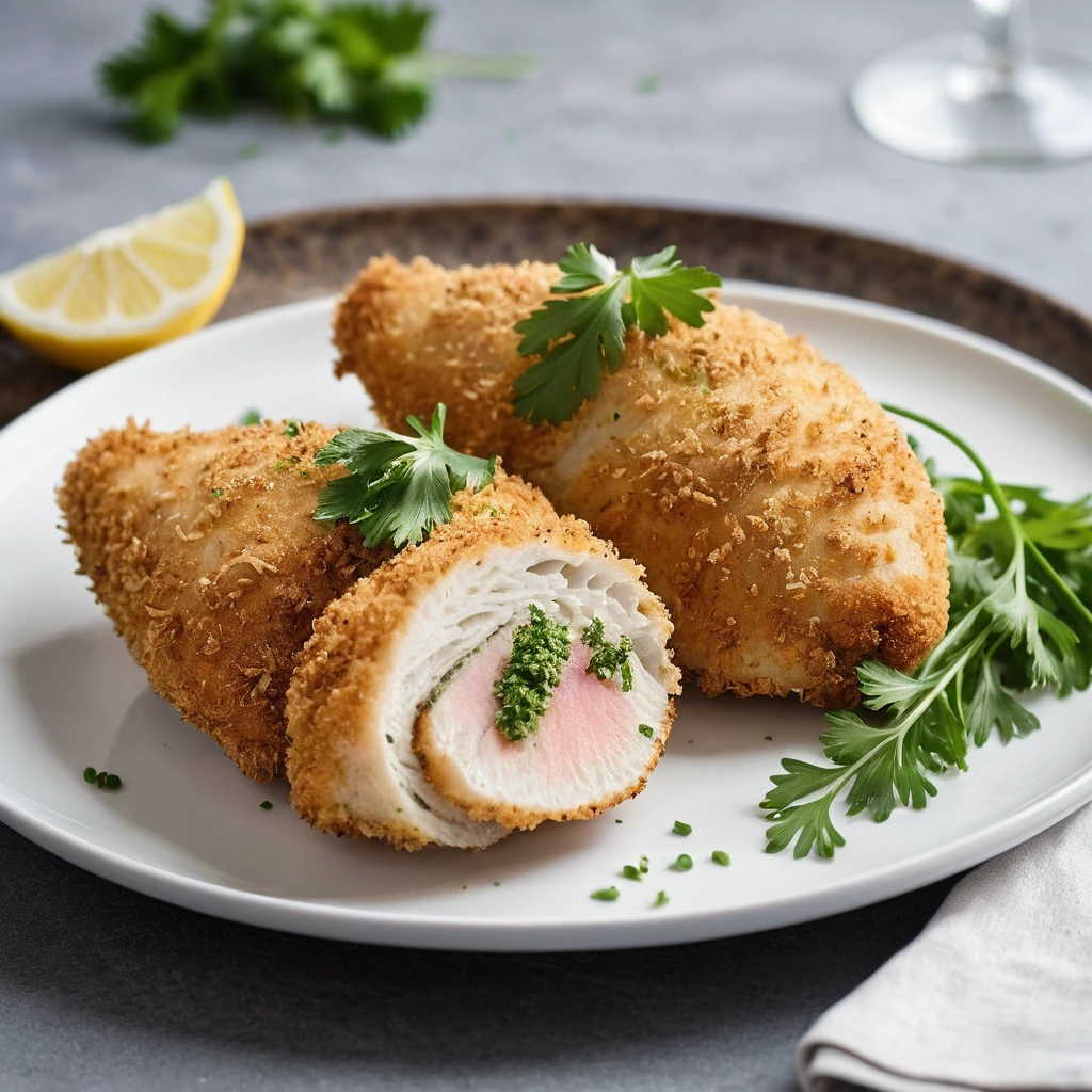 Two golden chicken breasts on a white plate, garnished with fresh parsley and lemon wedges.