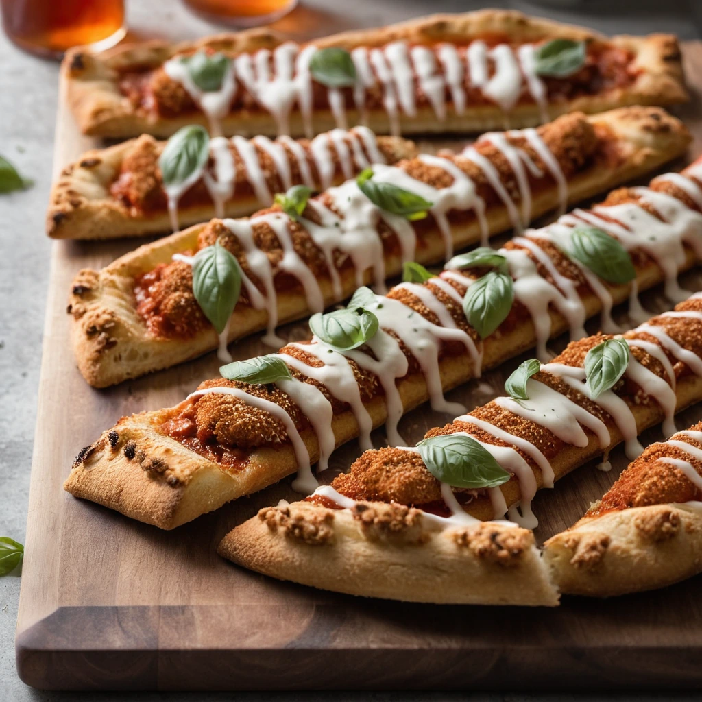 Crispy golden chicken fingers arranged on a platter, covered in red marinara sauce and melted mozzarella, with a sprinkle of Parmesan.