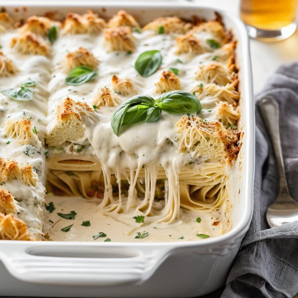 A bubbling casserole dish with layers of creamy white sauce, tender chicken, and melted golden cheese served in a rectangular baking dish.