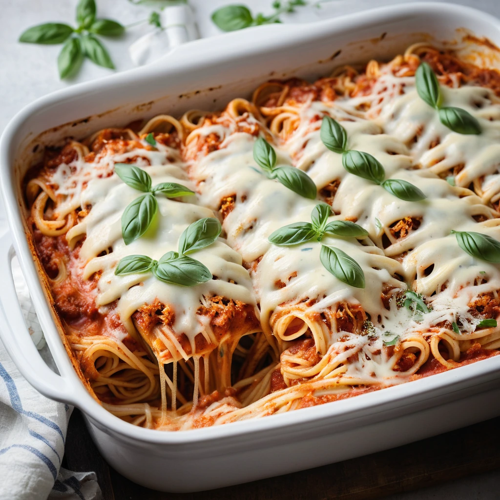 Baked spaghetti with chicken and melted mozzarella, topped with marinara sauce in a casserole dish.