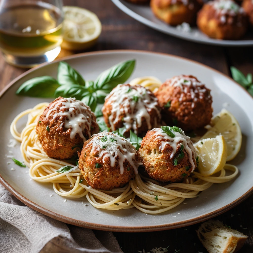 Golden brown meatballs with melted Parmesan served with golden toasted garlic bread slices on a rustic plate
