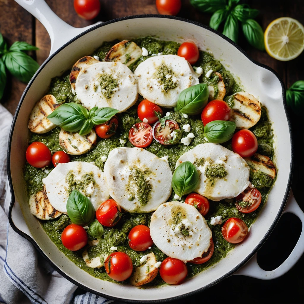 Colorful skillet with golden chicken, green pesto sauce, red tomatoes, and melted mozzarella.