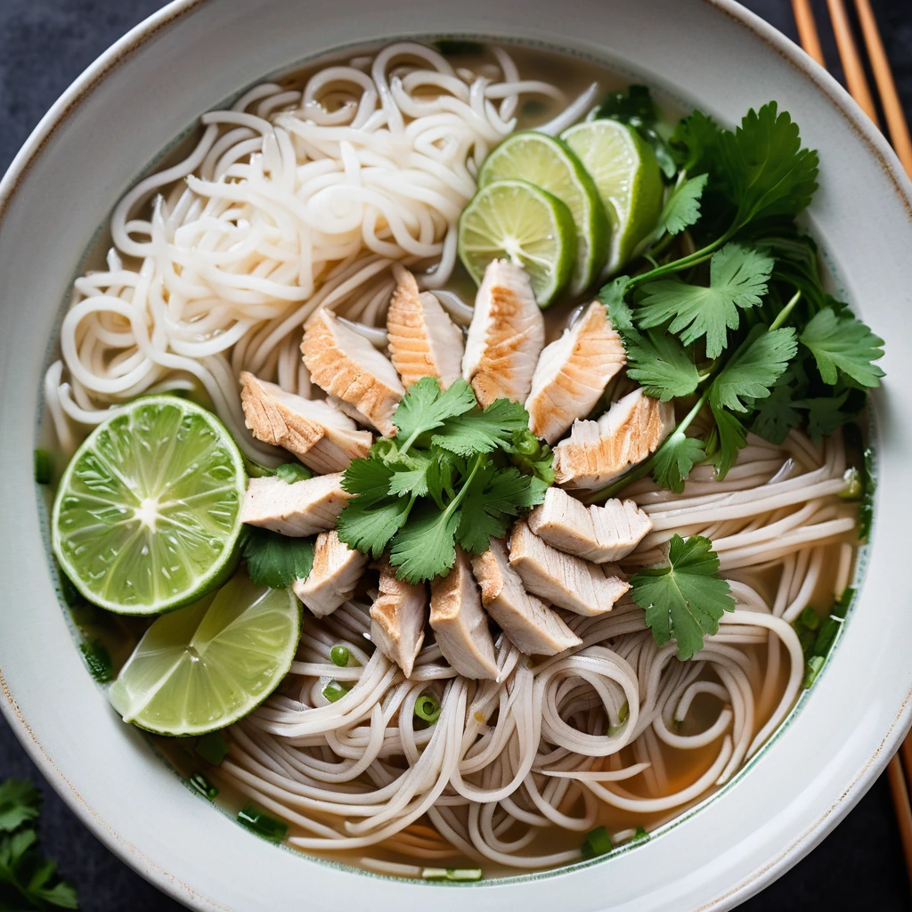 A steaming bowl of chicken pho with thin rice noodles, sliced chicken, and fresh herbs.