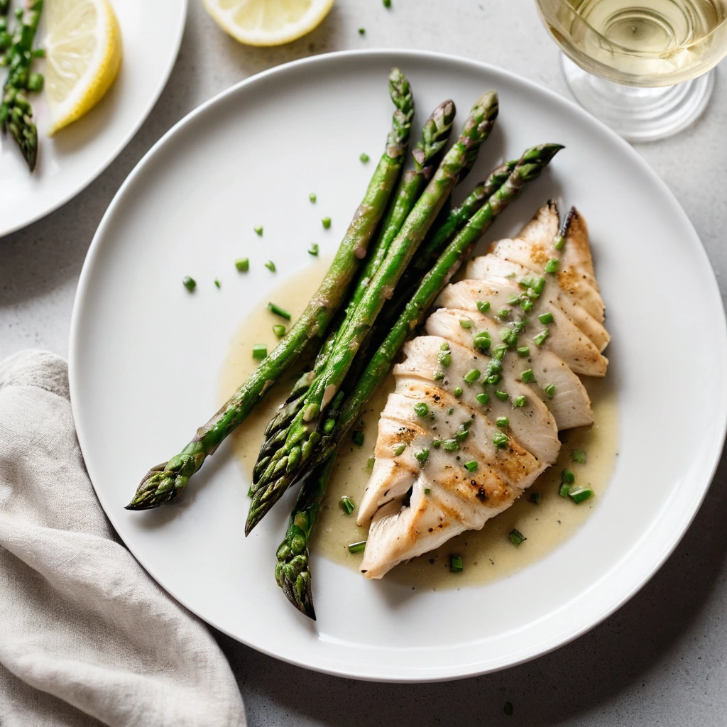 Golden chicken breasts with a glossy lemon sauce, served with roasted asparagus on a white plate.