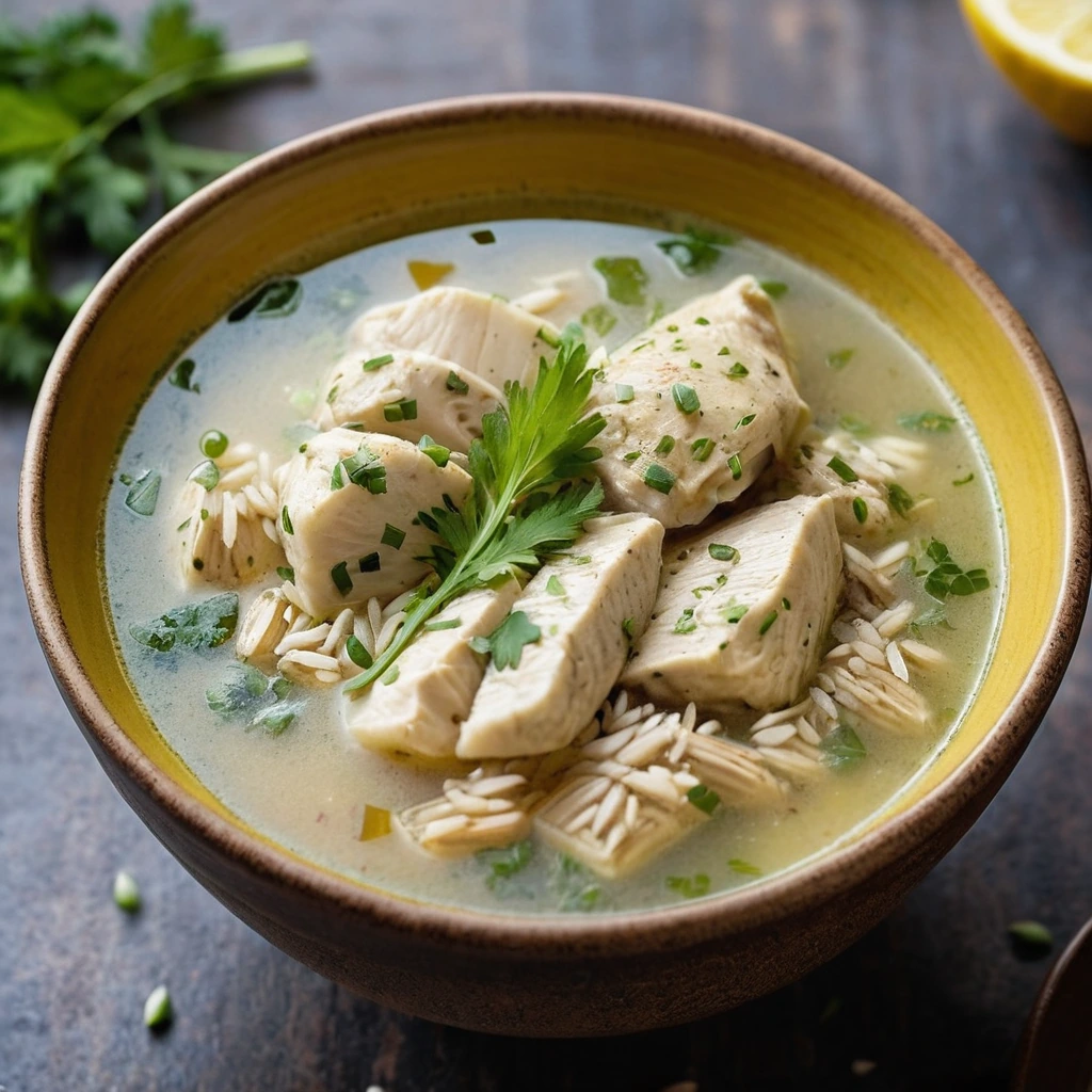 Golden chicken chunks, white rice, and green herbs in a vibrant yellow broth served in a rustic bowl.