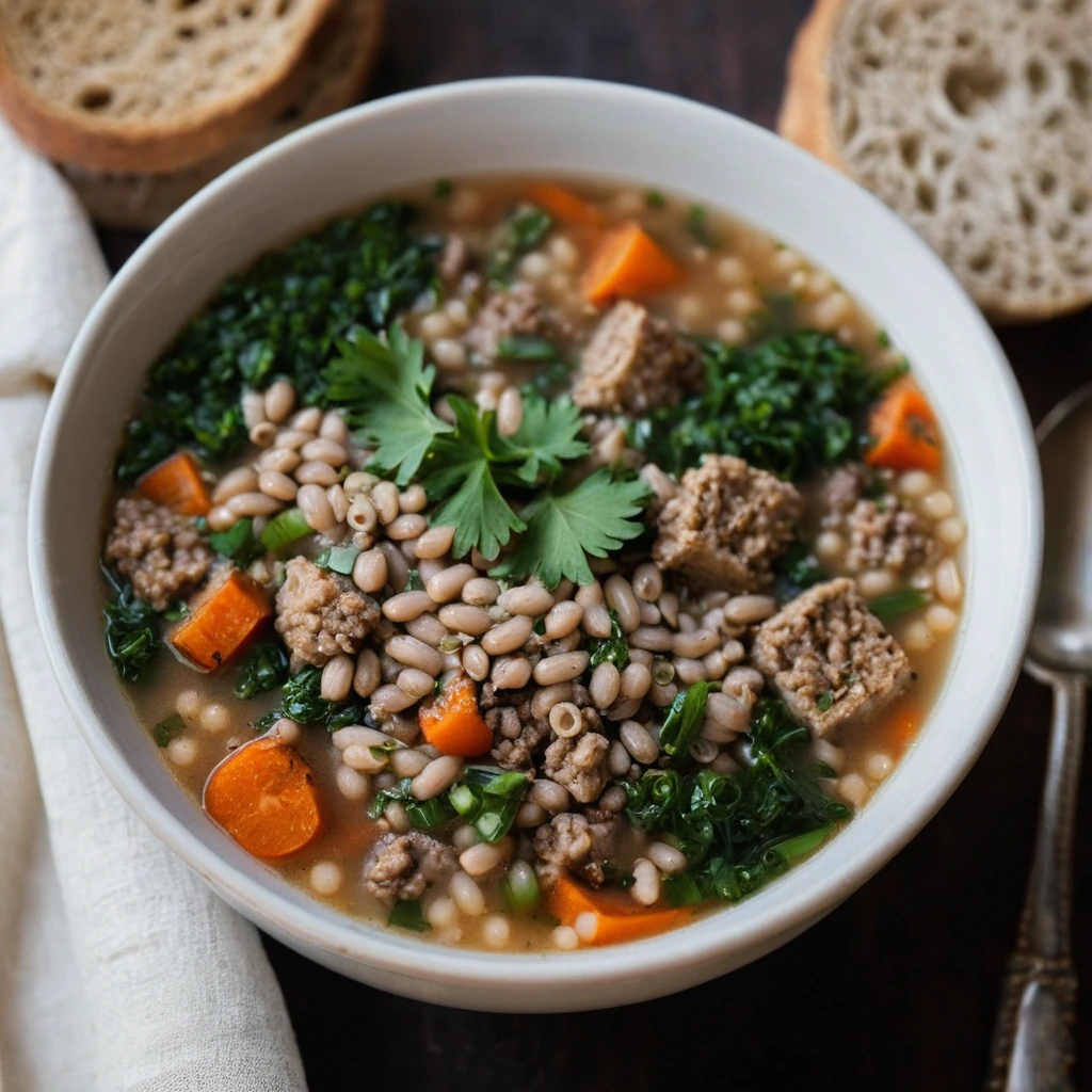 Bowl of steamy Italian soup with chunks of chicken sausage, farro, and vibrant vegetables