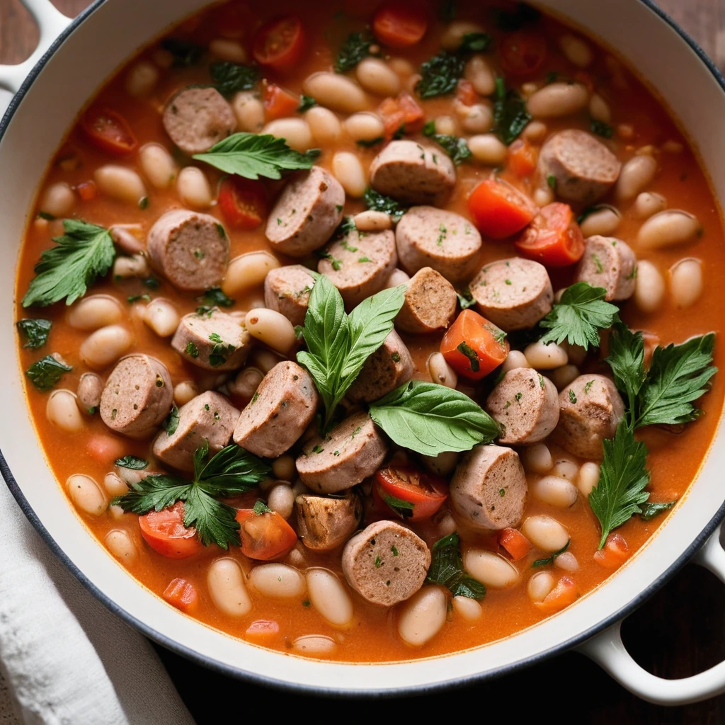 Steaming bowl of stew with chunks of chicken sausage, white beans, and diced tomatoes in a rich, orange-tinged broth.
