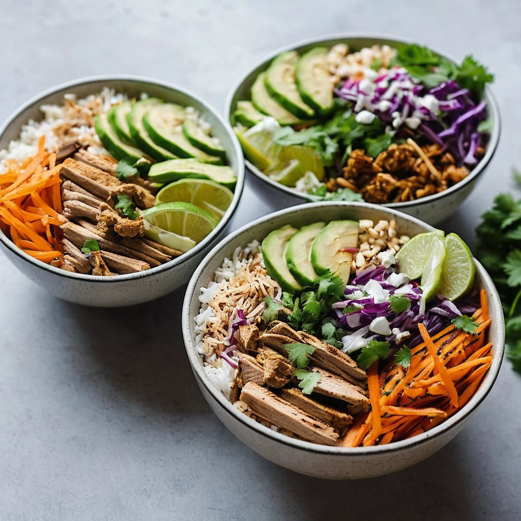 Colorful bowls with shredded chicken shawarma, rice, and chopped vegetables drizzled with sauce.