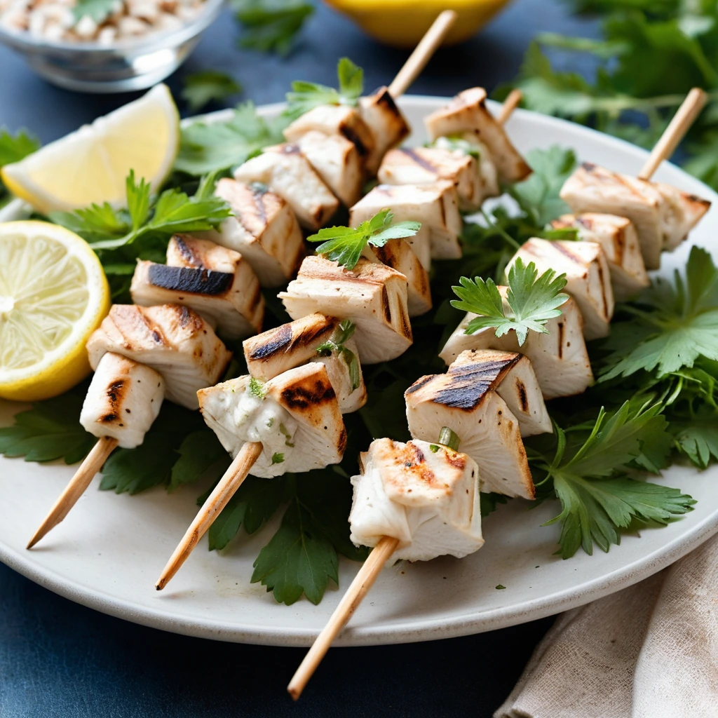 Grilled chicken skewers on a plate with lemon wedges and parsley garnish.
