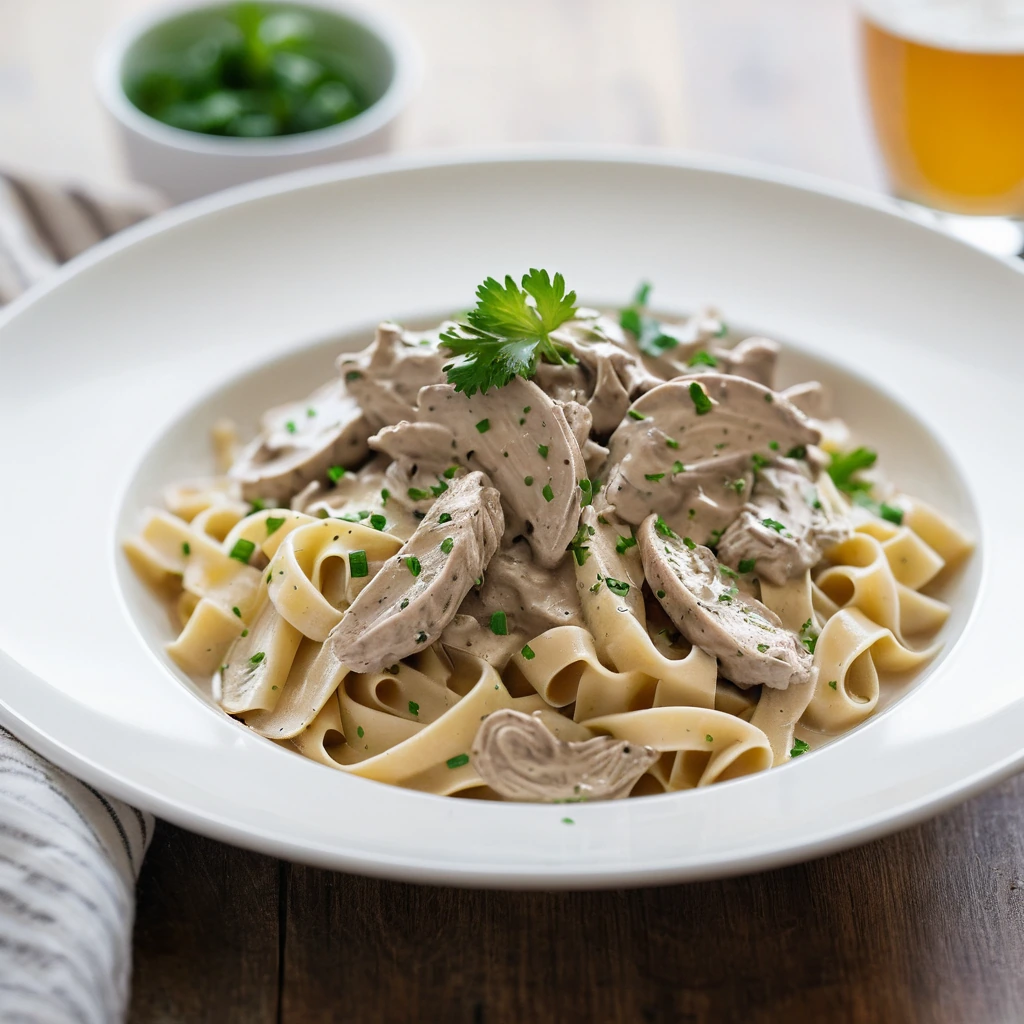 Creamy golden sauce over egg noodles with chunks of chicken and a sprinkle of fresh parsley in a white bowl.