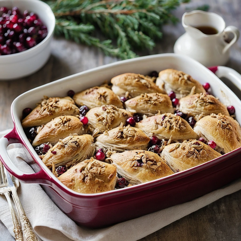 Golden casserole with stuffing base, topped with shredded chicken, and a drizzle of cranberry sauce, baked to perfection in a rectangular dish.