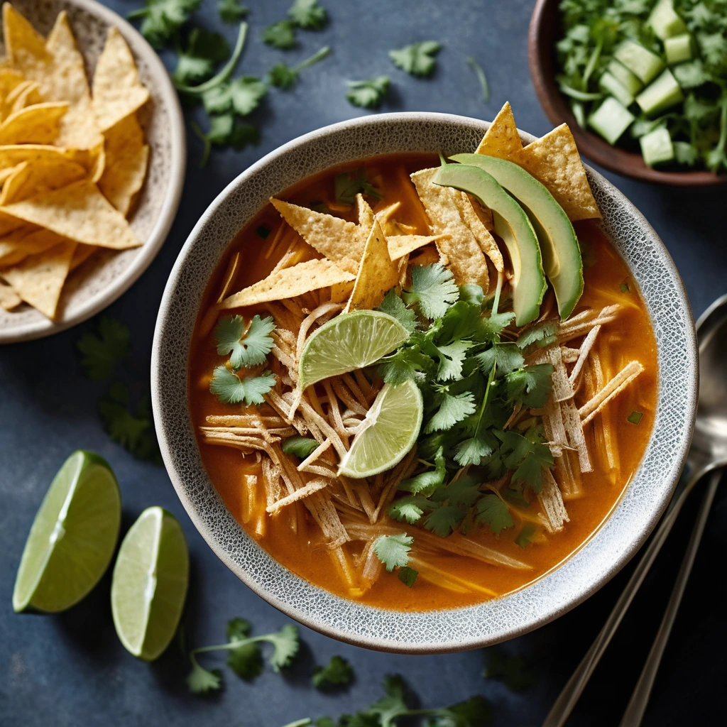 steamy bowl of golden chicken tortilla soup with green cilantro garnish and crispy tortilla strips