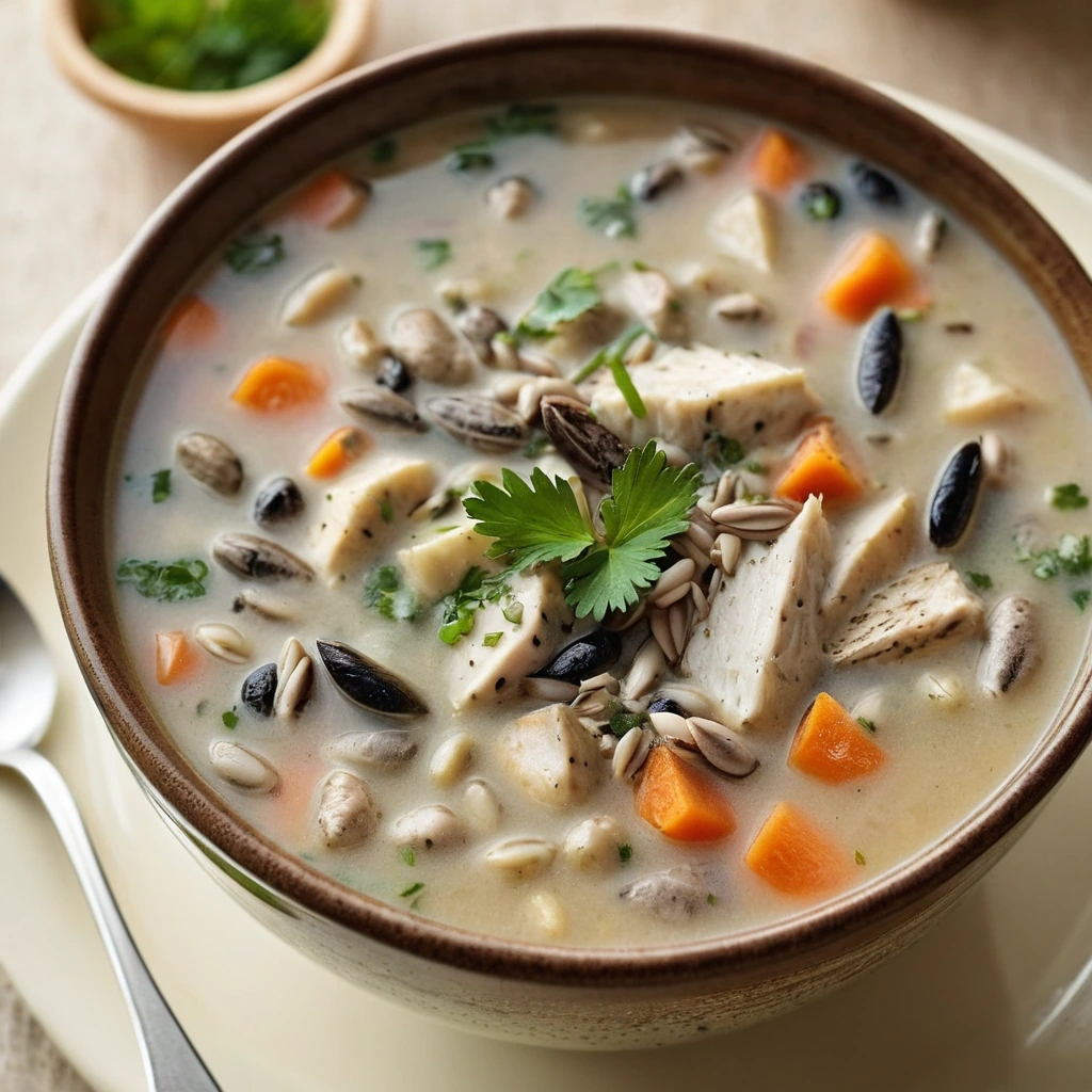 Bowl of golden-hued soup with chunks of chicken, wild rice, and vegetables, garnished with fresh parsley.