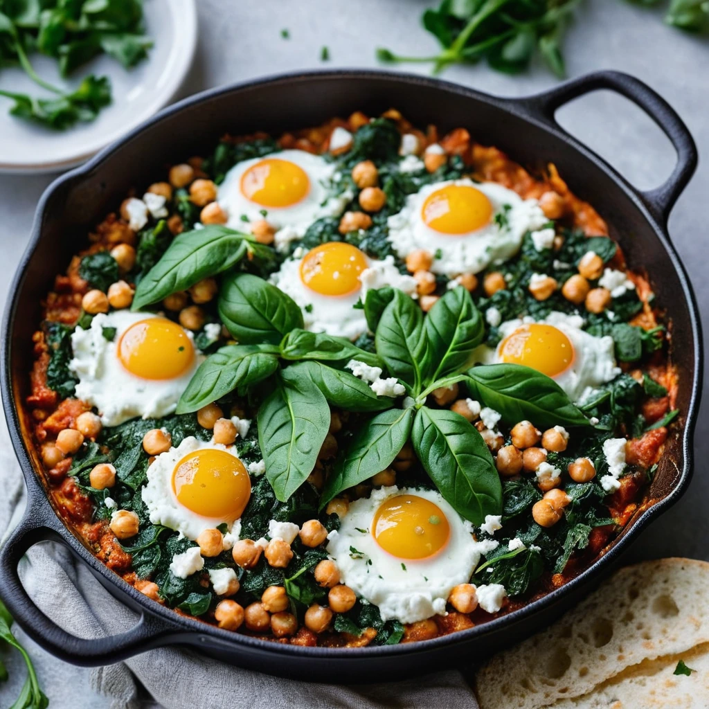 Golden eggs nestled in a vibrant green and red sauce, sprinkled with white feta cheese in a cast iron skillet.