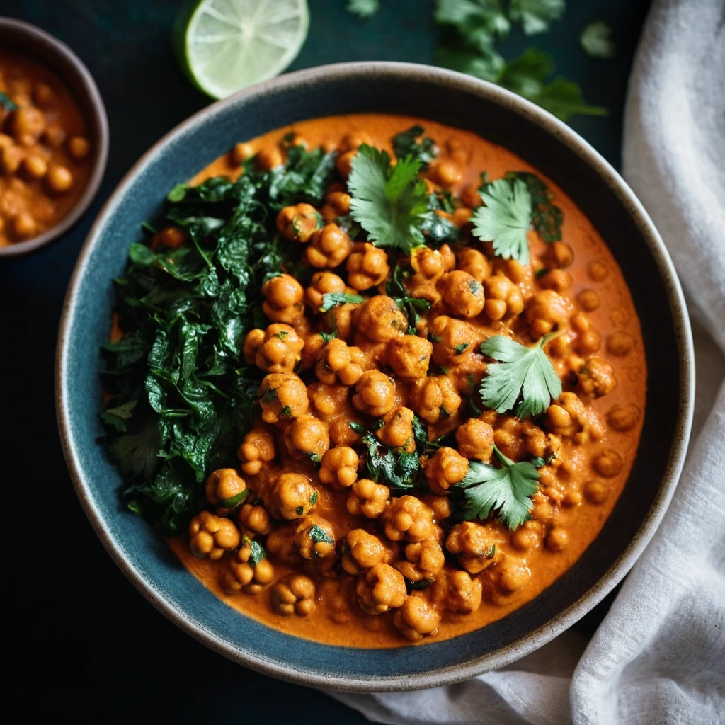 Golden chickpeas and vibrant spinach in a rich orange sauce served in a deep bowl with a sprinkle of cilantro.
