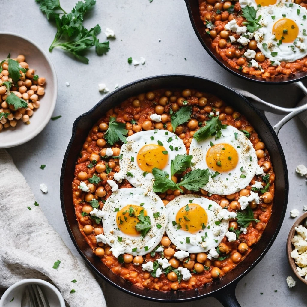 Colorful skillet with eggs nestled in a tomato-chickpea sauce, topped with white feta.
