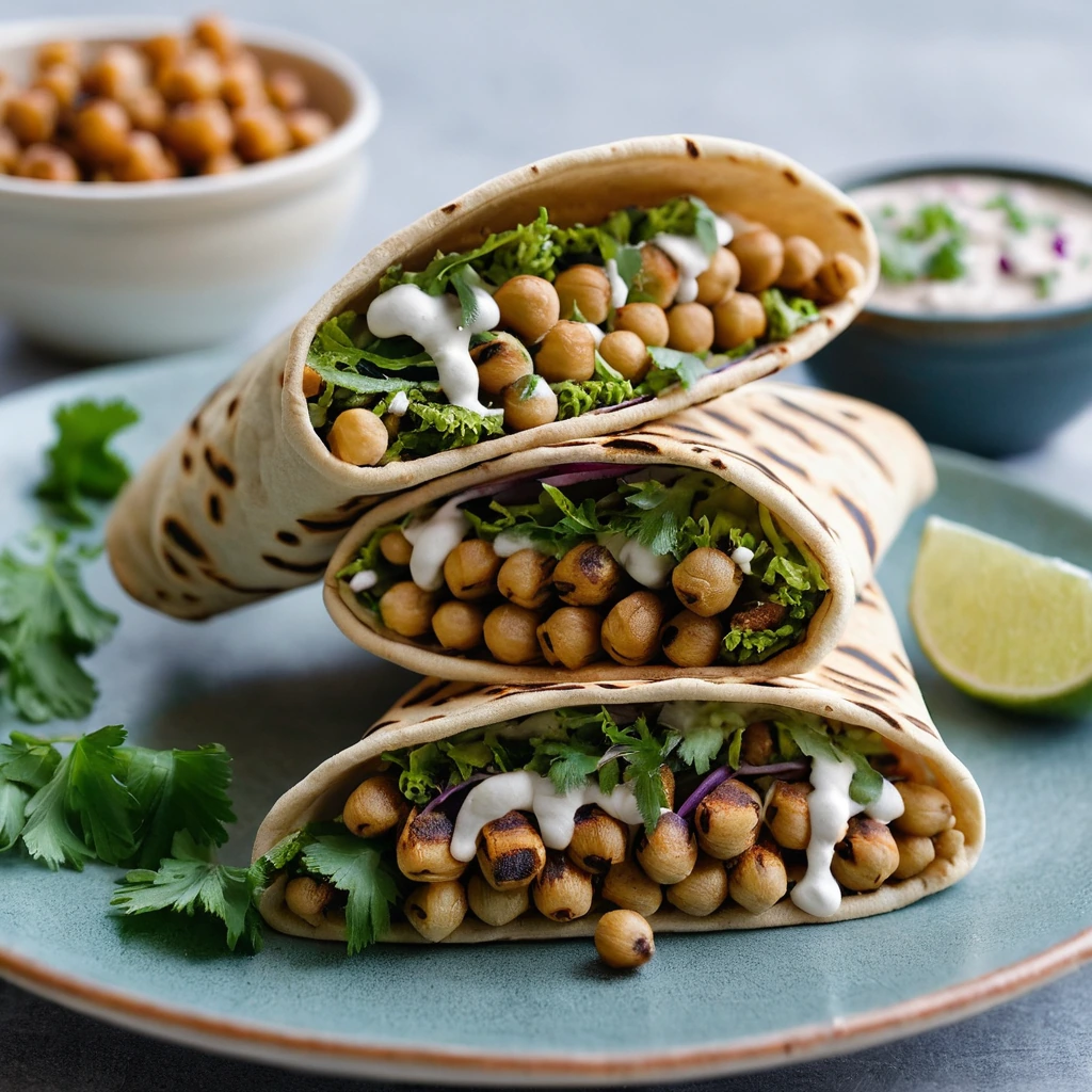Warm pita pockets stuffed with spiced chickpeas, topped with fresh parsley and a drizzle of tahini sauce.
