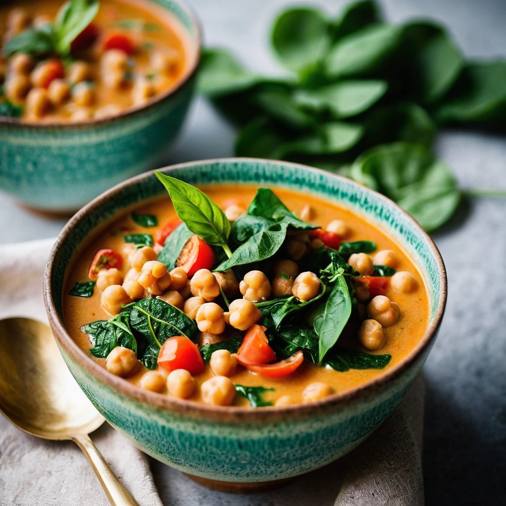 Steaming bowl of vibrant green and orange stew with a golden coconut sauce.