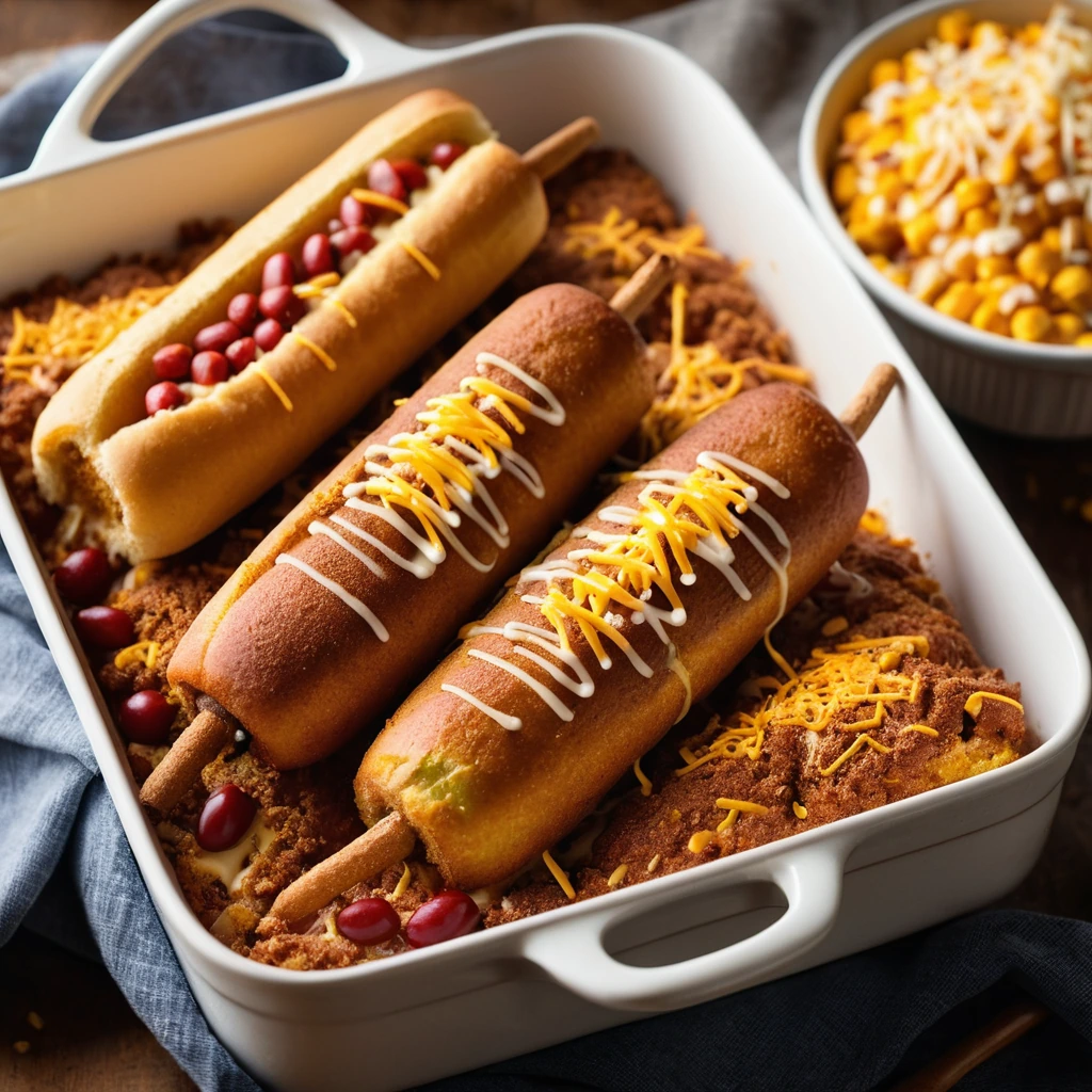 Baked casserole with golden corn dogs, red chili, and melted cheese in a rectangular dish