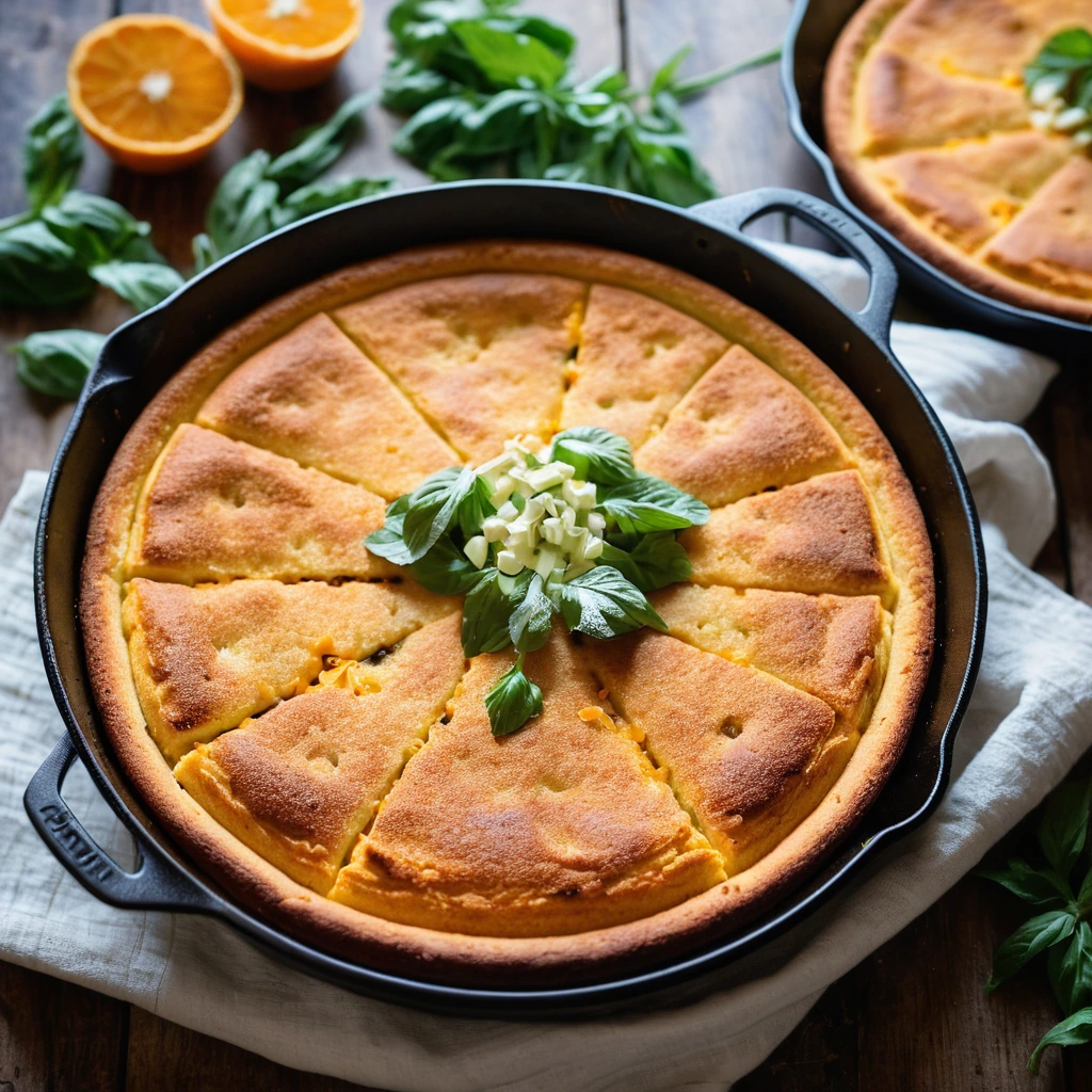 A skillet filled with golden cornbread topped with red chili and melted orange cheddar cheese, served in a cast iron skillet.