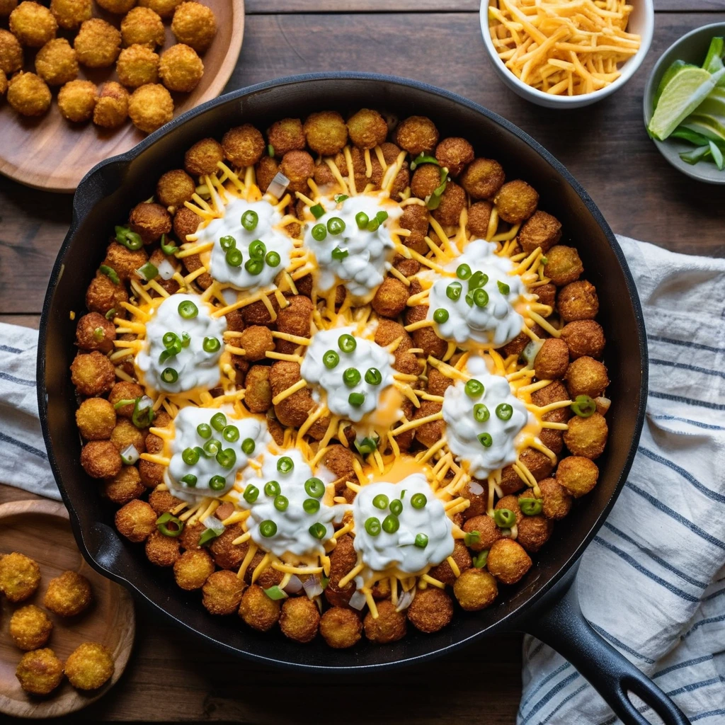 A golden brown skillet filled with tater tots, sliced hot dogs, and a bubbly layer of chili and melted cheese.