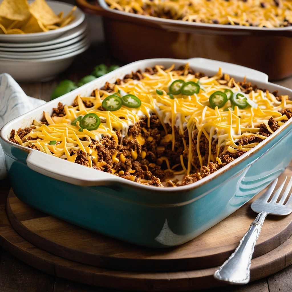 A golden casserole dish filled with layers of chili, melted cheese, and crushed Fritos on top, served in a rustic plate.