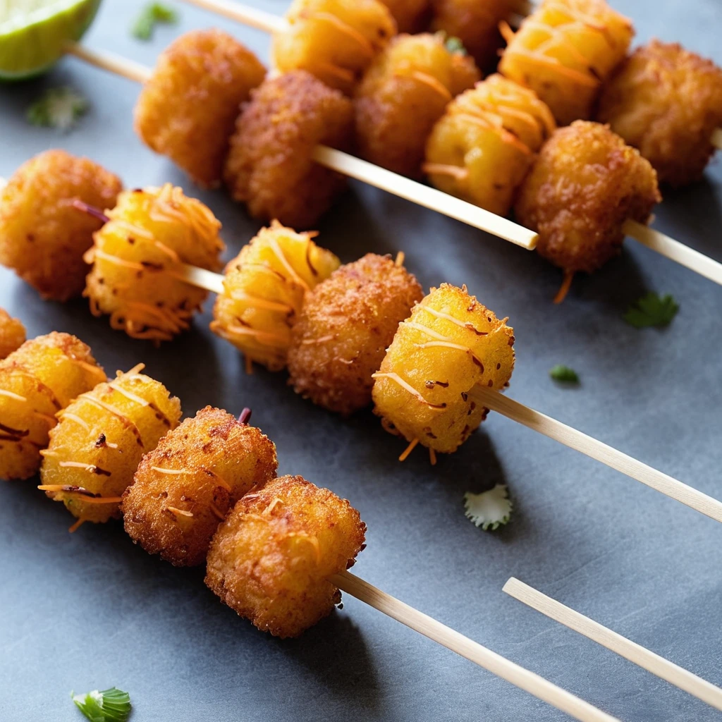 Skewered golden tater tots topped with red chili and melted orange cheddar cheese.