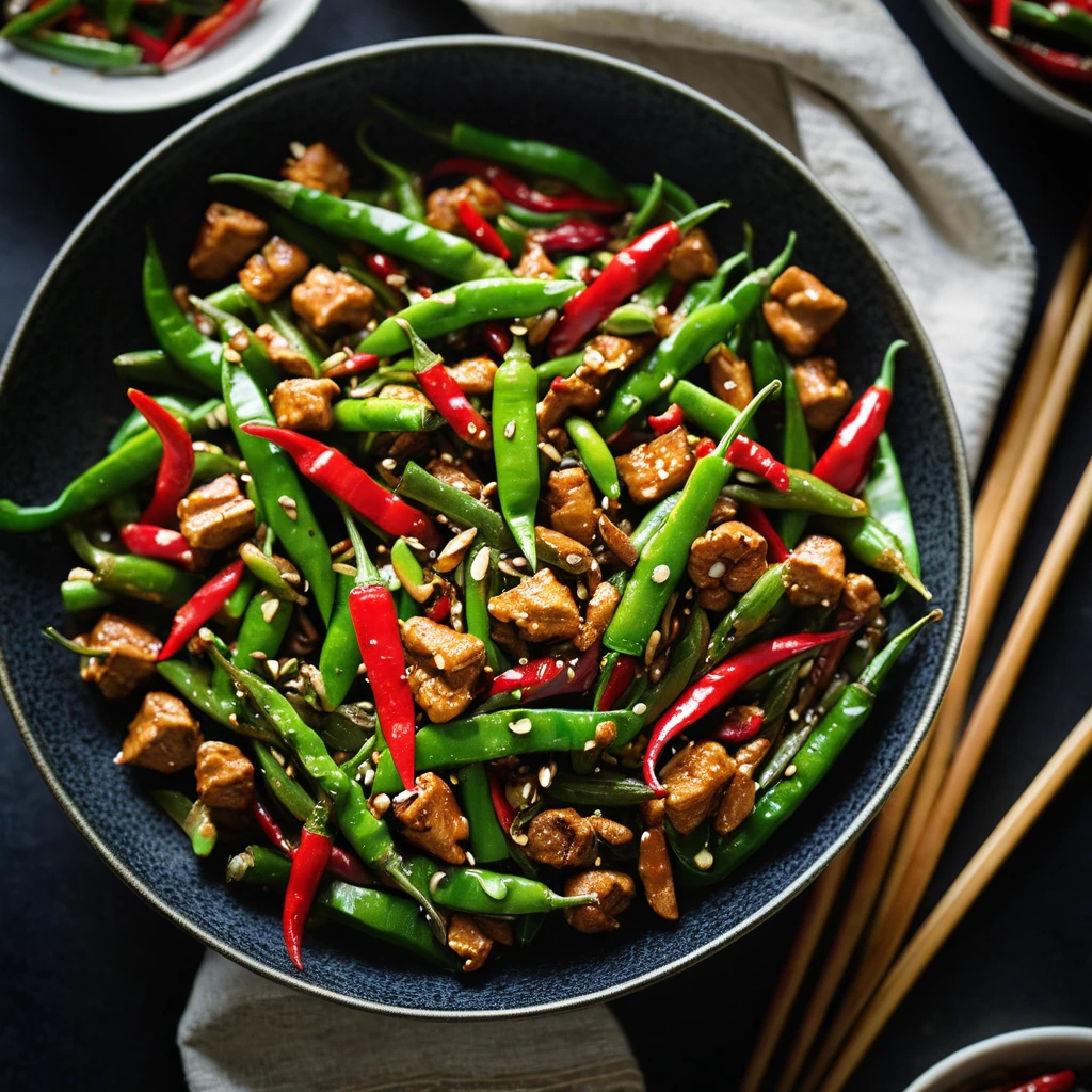 Colorful stir-fry with green beans, chicken pieces, and red chili flakes in a glossy sauce served in a sizzling skillet.