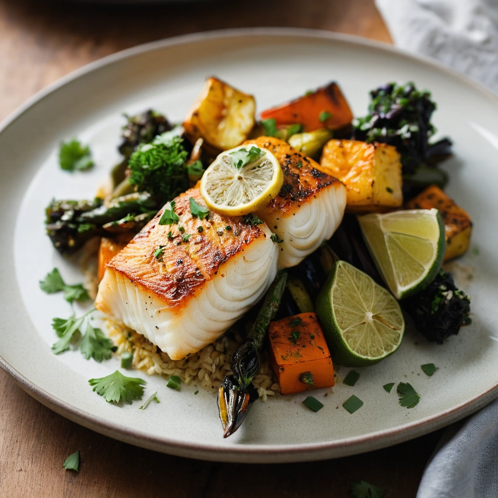 Baked cod with roasted vegetables on a platter, vibrant with orange and green hues, garnished with fresh cilantro.