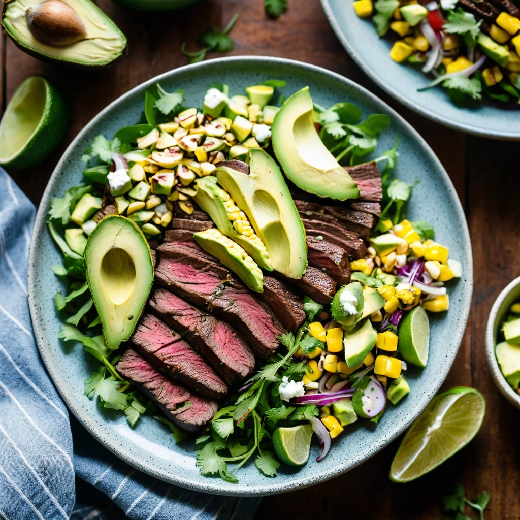 Grilled flank steak sliced over a vibrant salad with kernels of yellow corn and chunks of avocado