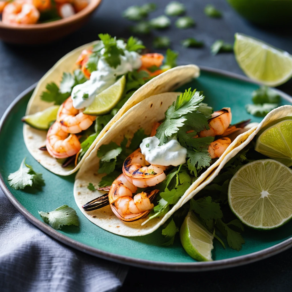 Grilled shrimp in colorful tortillas topped with fresh cilantro and a lime wedge.