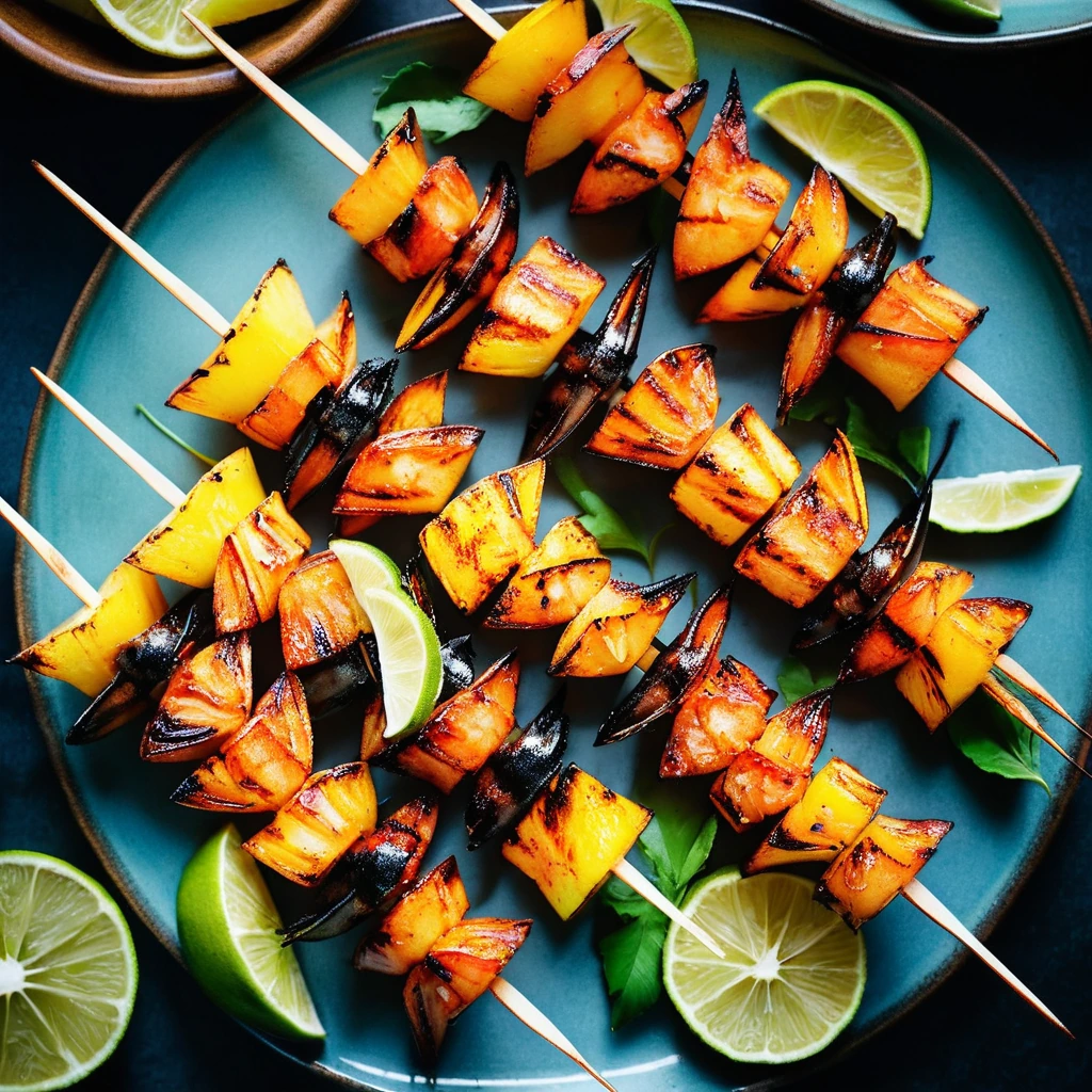 Colorful skewers of grilled shrimp with charred pineapple chunks on a platter.
