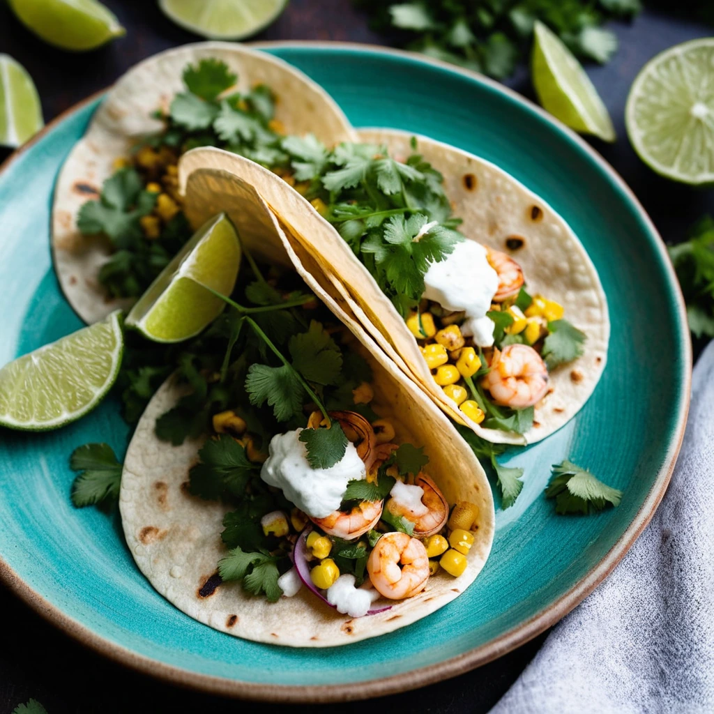 Warm corn tortillas filled with grilled shrimp, charred corn, and vibrant green cilantro.