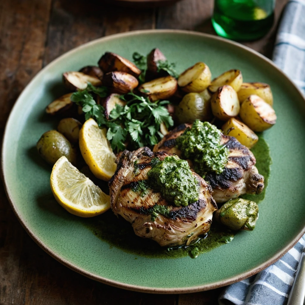 Grilled chicken thighs and golden roasted potatoes drizzled with vibrant green chimichurri sauce on a rustic platter.