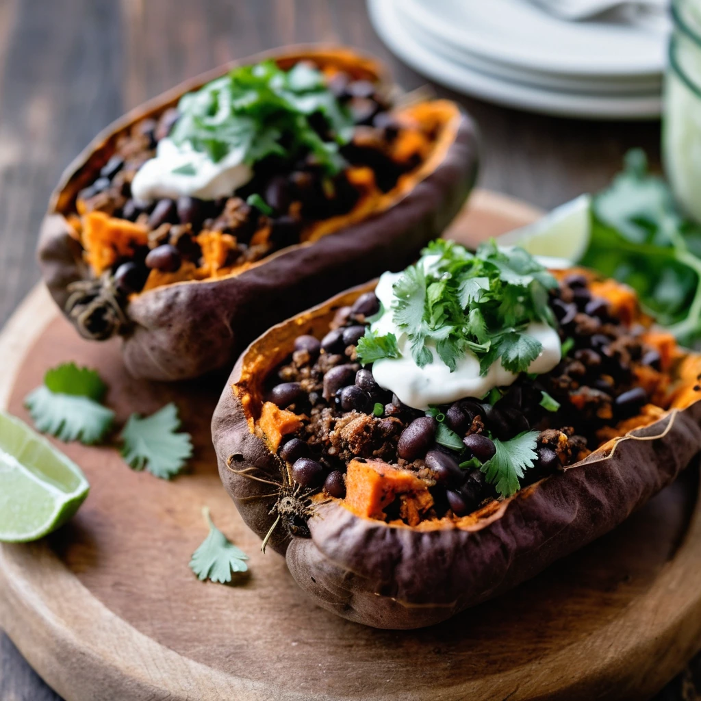 Four halved and stuffed sweet potatoes on a rustic wooden board, topped with a savory beef and black bean mixture, garnished with fresh cilantro.