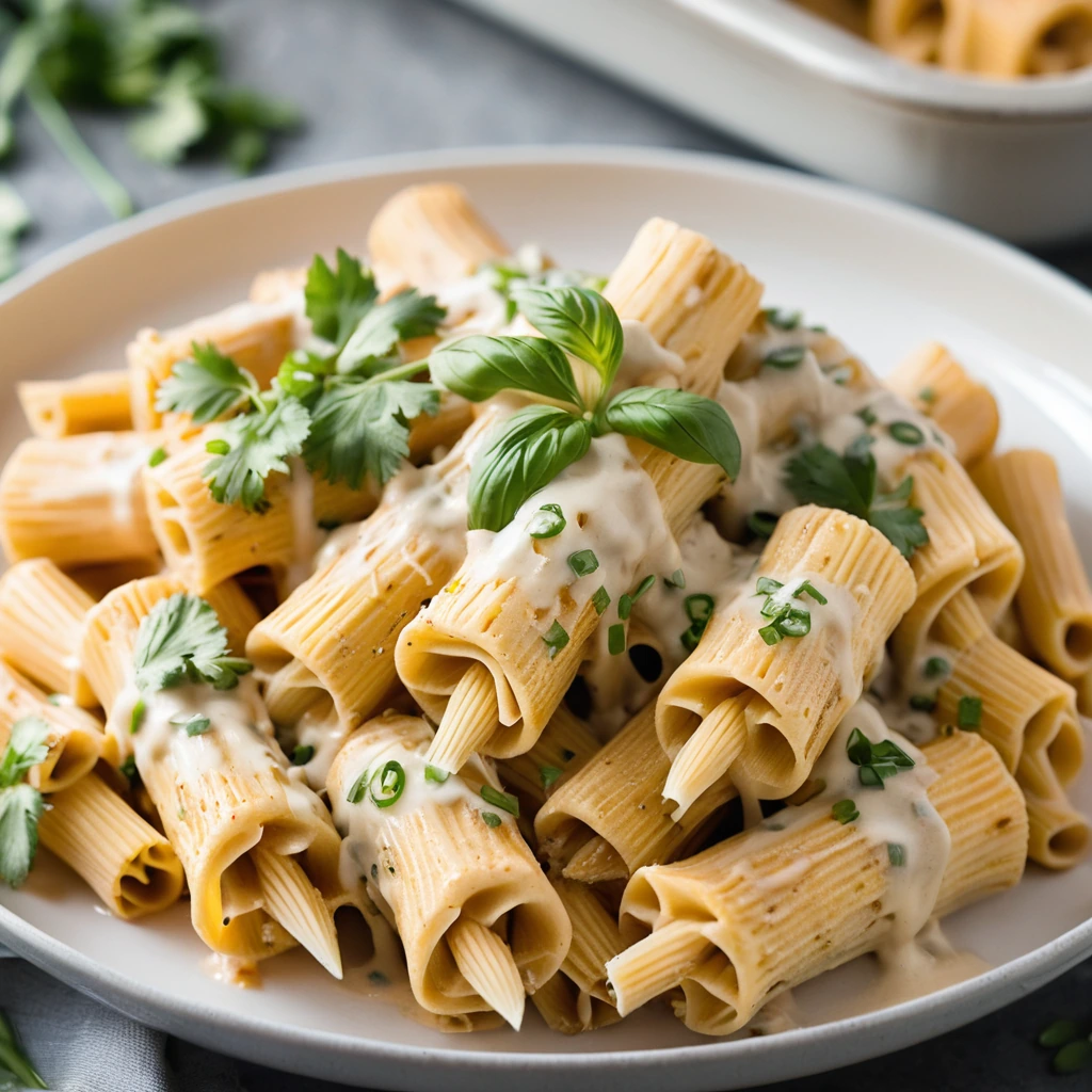 Baked rigatoni pasta in a creamy orange sauce with melted cheese topping and diced green onions