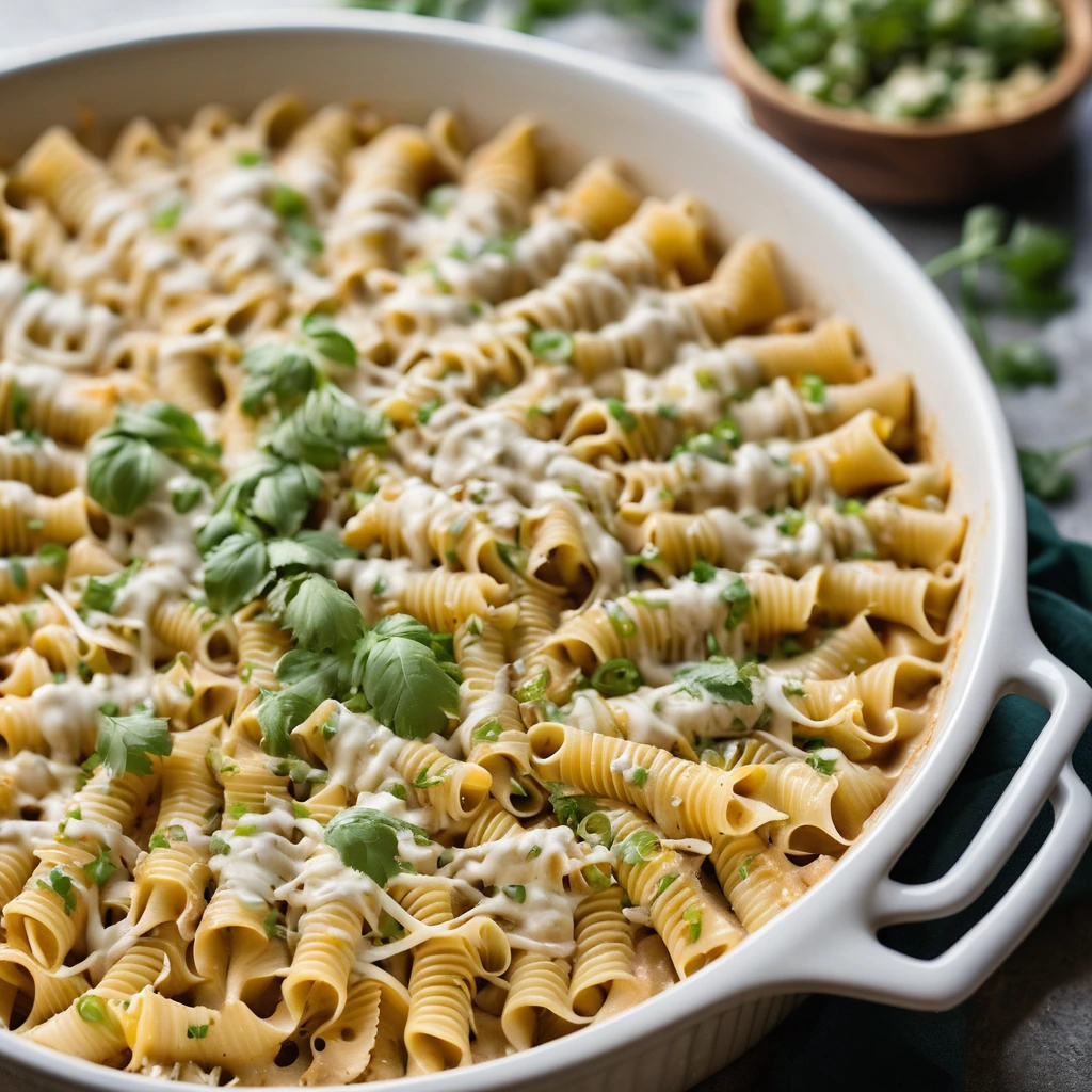 Golden bubbly pasta bake in a casserole dish, topped with melted cheese and green onions.