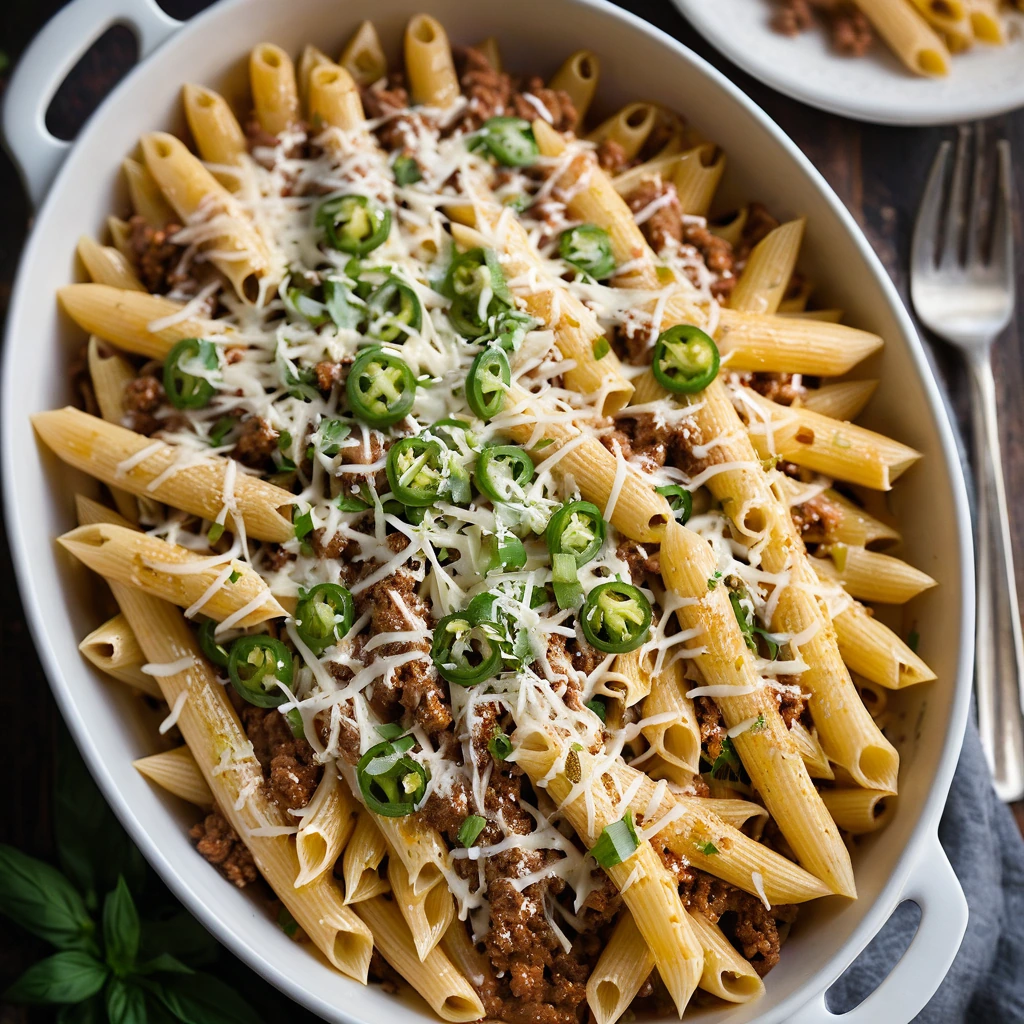 Baked penne pasta in a creamy orange sauce, topped with melted bubbly cheese and a sprinkle of green onions.