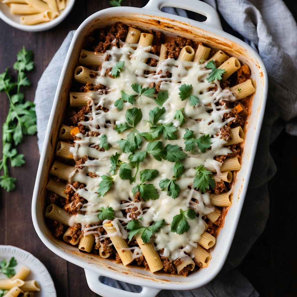 Baked rigatoni pasta with melted cheese topping and ground beef in a casserole dish