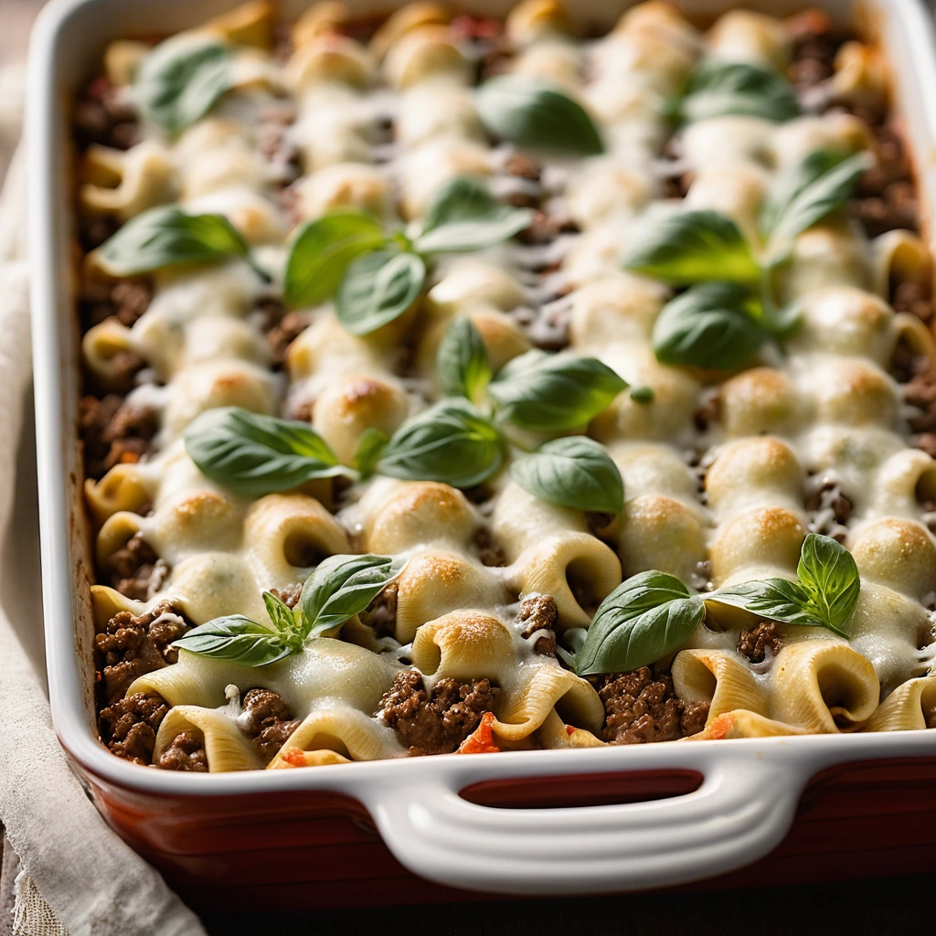 Baked dish with golden bubbly cheese topping, filled with tortellini and ground beef, served in a rectangular baking dish.