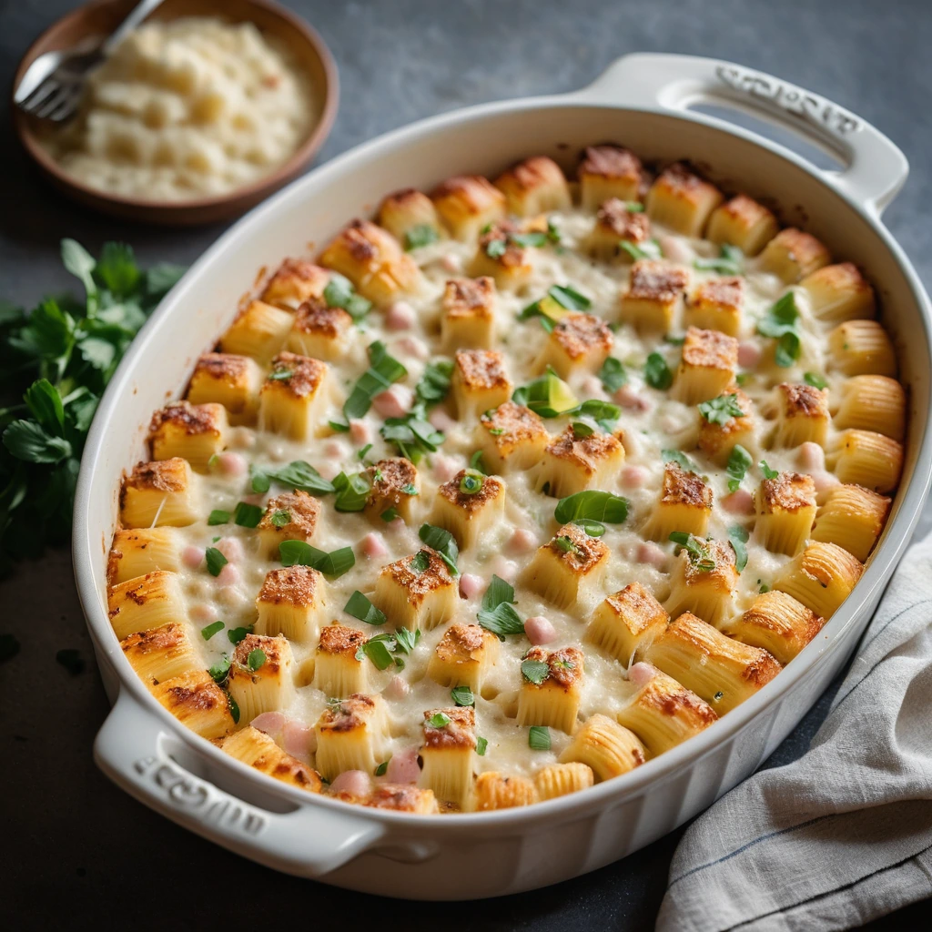 Golden bubbly casserole in a baking dish with melted cheese on top and a sprinkle of green onions.