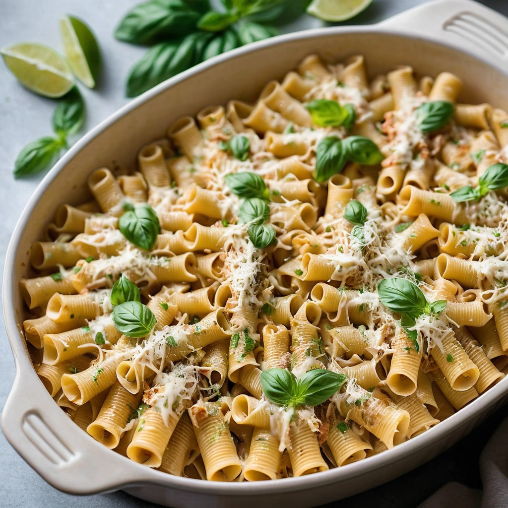 Baked pasta shells in a golden, bubbly cheese sauce with flecks of green and red.