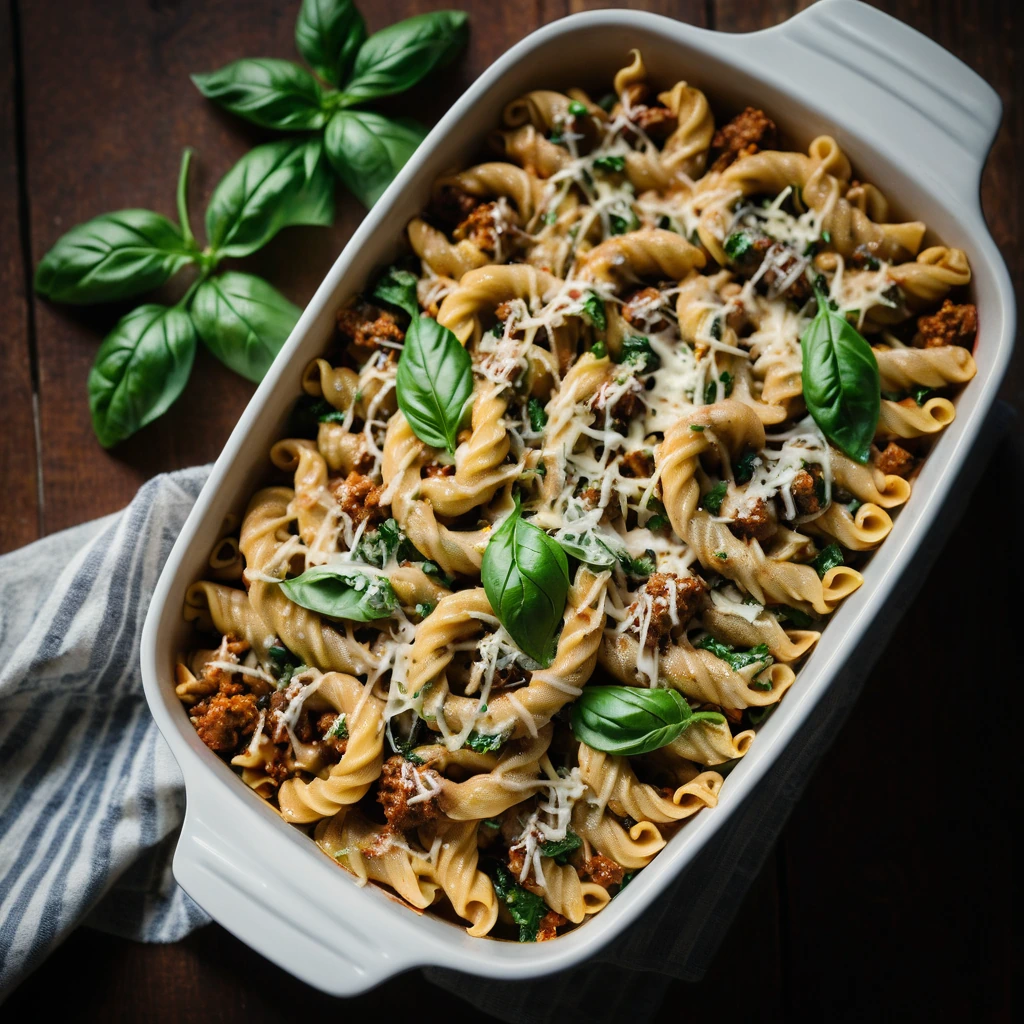 Baked pasta dish with golden cheese topping, green specks of spinach, and flecks of red sausage.