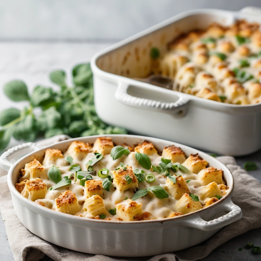 Golden bubbly casserole in a baking dish, topped with melted cheese and flecks of green onions.