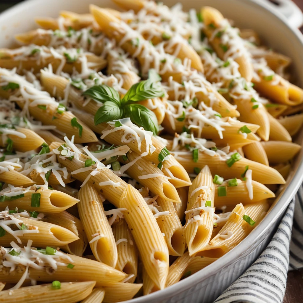 Baked penne pasta with melted orange cheese, chunks of turkey, and a sprinkle of green onions on top.